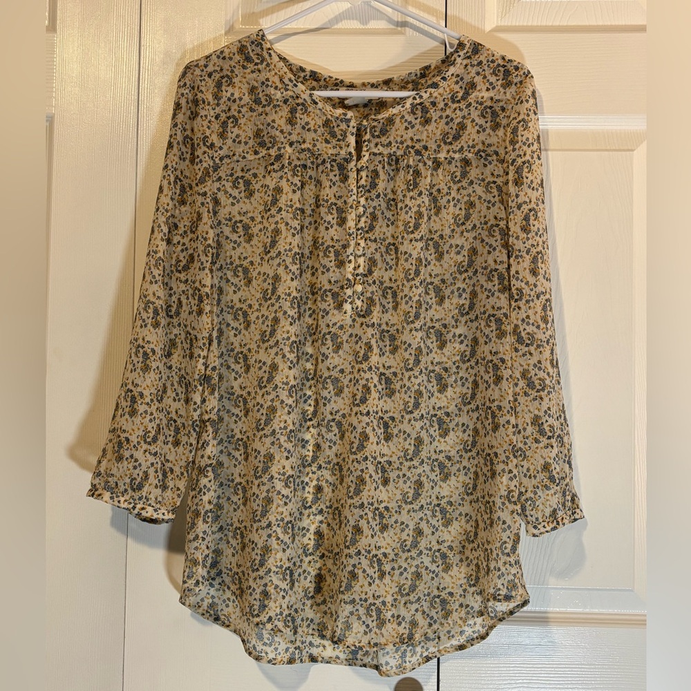 Lucky brand blue floral blouse spring size Large sheer flouncy pheasant top